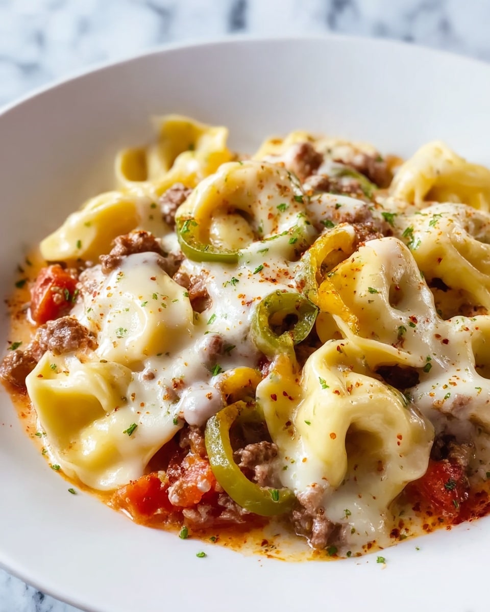 The dish shows a close-up of a white plate with three main layers: the bottom layer is red with small pieces of tomato, the middle layer has browned ground meat mixed with sliced green and yellow peppers, and the top layer consists of pale yellow tortellini pasta covered in melted white cheese that is slightly browned in spots. The entire dish is sprinkled with small bits of green herbs, adding a fresh touch, and some areas show a dash of red spice. The textures are creamy and slightly melted with a mix of soft pasta and chunky meat pieces, all arranged against a white marbled background. photo taken with an iphone --ar 4:5 --v 7