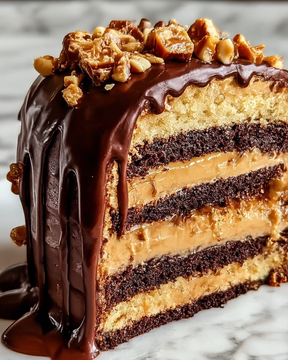 A close-up view of a multi-layered cake slice with a total of five main layers, alternating between dark chocolate and light cookie-colored cake. Between each layer is a smooth, creamy tan filling. The whole cake is covered with a glossy, rich dark chocolate glaze that slowly drips down the sides. The top is decorated with small, chunky pieces that look like a mix of light caramelized nuts and toffee. The background is a white marbled texture. photo taken with an iphone --ar 4:5 --v 7