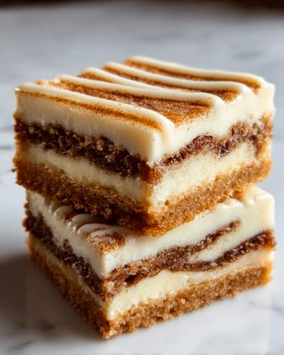 The image shows two stacked square pieces of a layered dessert. The dessert has three visible layers: a light brown crumbly base, a middle layer with a dark brown cinnamon swirl mixed with creamy white filling, and a top layer of smooth creamy white icing with a drizzle of light brown cinnamon swirl on top. The texture looks soft and slightly moist, with the layers clearly separated. The background is a white marbled surface. photo taken with an iphone --ar 4:5 --v 7