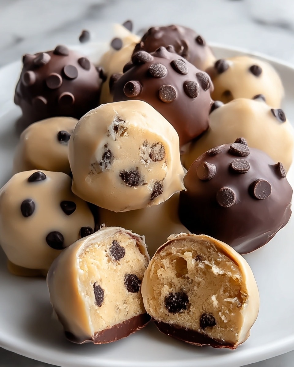 A white plate filled with round cookie dough truffles covered in two types of chocolate coatings. The truffles have a creamy beige cookie dough center mixed with dark chocolate chips. Some truffles are half-dipped in dark chocolate with round chocolate chips on the surface, creating a rough texture. Others are fully coated in beige chocolate with dark chocolate chips embedded and a smooth finish. Two truffles are cut in half, showing the soft, grainy dough inside with evenly spread dark chocolate chips, and a thin dark chocolate layer at the bottom. They are arranged on a white marbled surface. Photo taken with an iphone --ar 4:5 --v 7