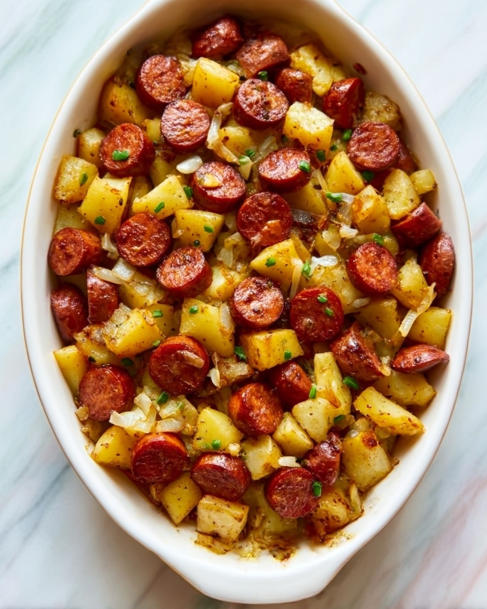 A white oval dish filled with a cooked mix of sliced sausage pieces and diced potatoes. The sausage is reddish-brown, slightly shiny from cooking, and scattered evenly on top and throughout the dish. The diced potatoes are golden yellow with some browning on the edges, giving a crispy look. Small bits of fresh green herbs are sprinkled on top, adding a touch of color. The dish rests on a white marbled surface, and the photo is taken with an iphone --ar 4:5 --v 7