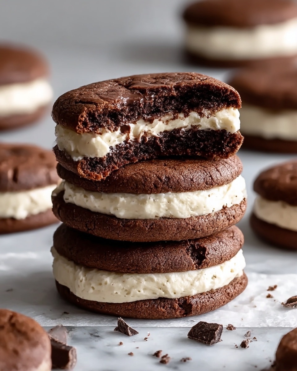 A stack of three chocolate sandwich cookies with creamy white filling is shown on a white marbled surface. The cookies have a rich, dark brown color with a cracked texture on the top cookie, which is broken in half to reveal a soft, moist interior. The cream layer is thick and slightly spilling out between each cookie layer. Small chocolate chunks are scattered around the base of the stack. In the background, other similar cookies are blurred, adding depth to the image. Photo taken with an iphone --ar 4:5 --v 7