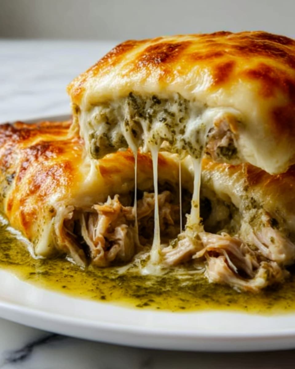 The image shows a close-up of a cheesy baked dish with two thick layers of melted cheese on top, golden brown and bubbly, stretching slightly as the dish is pulled apart. Beneath the cheese layers, there is a soft, shredded filling that looks like cooked meat mixed with a green sauce. The green sauce spreads underneath the meat, giving a moist texture to the dish. The food is placed on a white plate over a white marbled surface. Photo taken with an iphone --ar 4:5 --v 7