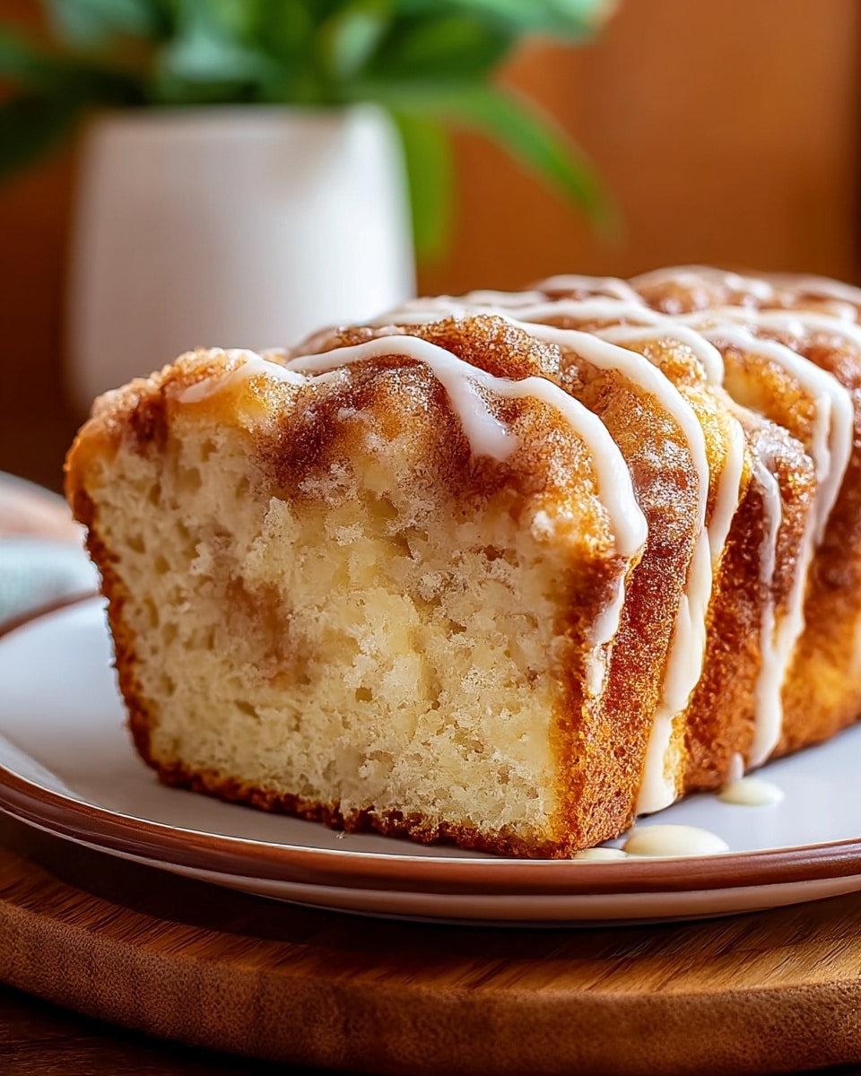 The image shows a close-up of a sliced coffee cake with a golden-brown crust and a soft, light beige inside. The cake has a wavy texture on the sides from the baking pan. On top, there are swirls of cinnamon and sugar creating a crispy, caramelized layer with a drizzle of white icing forming thin, glossy lines over the surface. The cake sits on a white plate with a thin brown rim placed on a wooden board. In the background, a blurred white pot with a green plant can be seen against a warm brown setting. Photo taken with an iphone --ar 4:5 --v 7