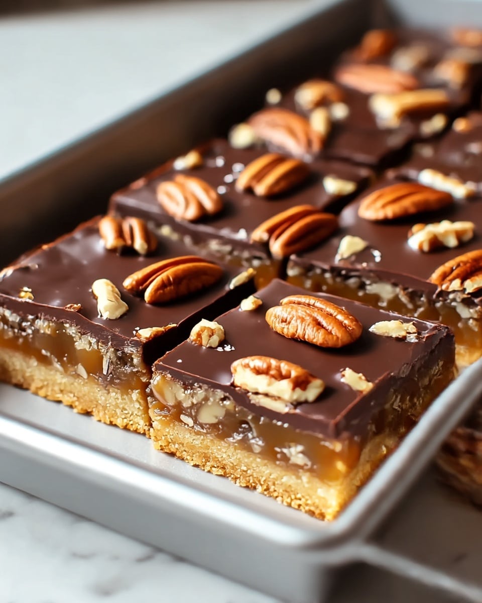 A close-up view of a square dessert bar with three visible layers, placed inside a metal baking tray on a white marbled surface. The bottom layer is a crumbly golden brown crust, slightly thick and textured. The middle layer is a gooey caramel-colored filling mixed with bits of nuts, creating a soft and sticky look. The top layer is a glossy, dark chocolate coating spread smoothly across the dessert, decorated with whole pecans and chopped light brown walnuts embedded evenly across the surface. The edges of the bar are cleanly cut, showing all layers clearly. photo taken with an iphone --ar 4:5 --v 7