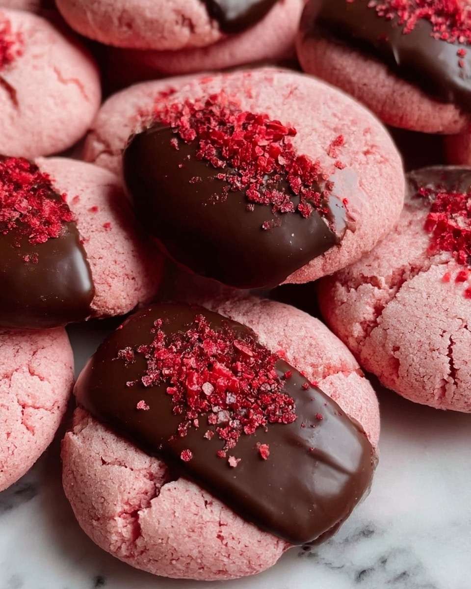 The image shows a close-up view of round, pink cookies with a slightly cracked texture, each dipped halfway in smooth, shiny dark brown chocolate. On top of the chocolate-covered half, red crumbs are sprinkled, adding a rough texture and extra color contrast. The cookies are piled together, filling the entire frame with soft pink and dark brown colors, and the red crumbs bring a bright touch. The background is replaced with a white marbled texture. photo taken with an iphone --ar 4:5 --v 7