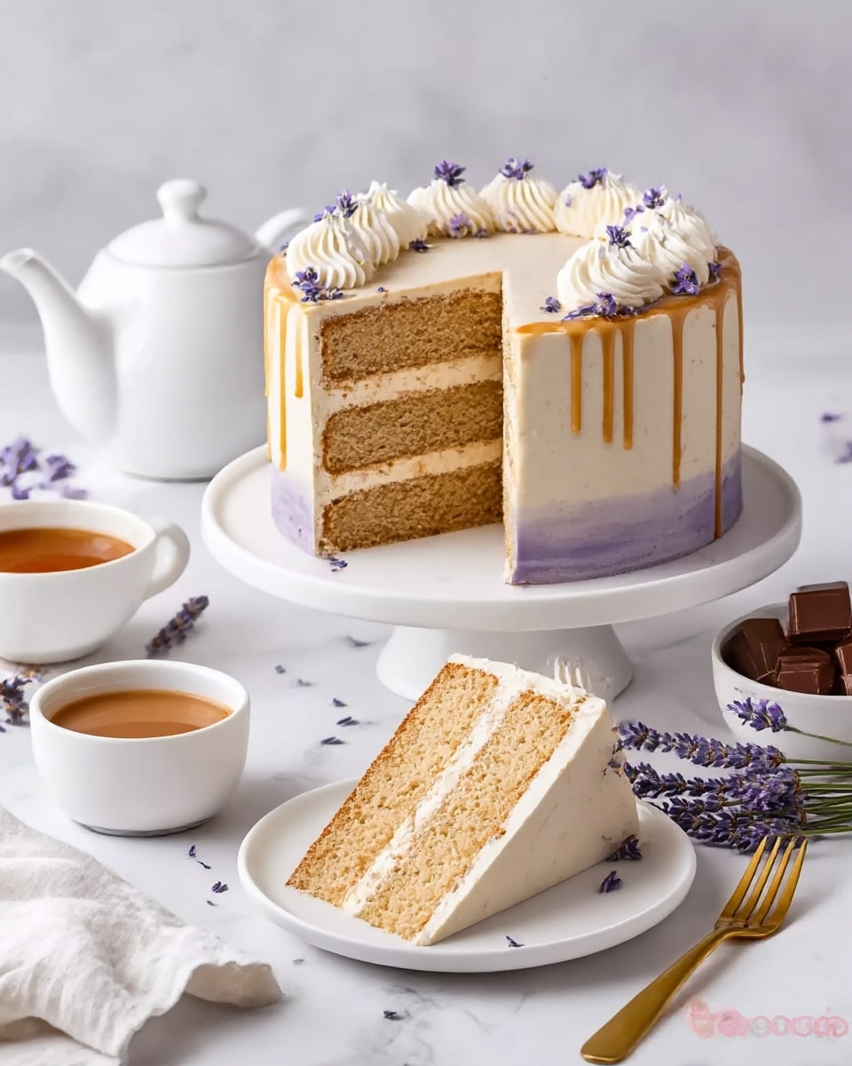 A three-layer cake on a white cake stand with light brown sponge layers and pale cream filling between each layer. The outside frosting is smooth, light cream color with a hint of purple at the bottom, topped with a swirl border of white whipped cream and small purple edible flowers. Light caramel drizzle runs down the sides from the top. A slice cut from the cake is placed on a white plate in front, showing the inside layers and decorated with a whipped cream swirl and a small purple flower. Nearby are a white teapot, a cup of light brown coffee, a small white bowl with chocolate pieces, and lavender flowers on a white marbled surface. A gold fork lies next to a white cloth napkin. Photo taken with an iphone --ar 4:5 --v 7