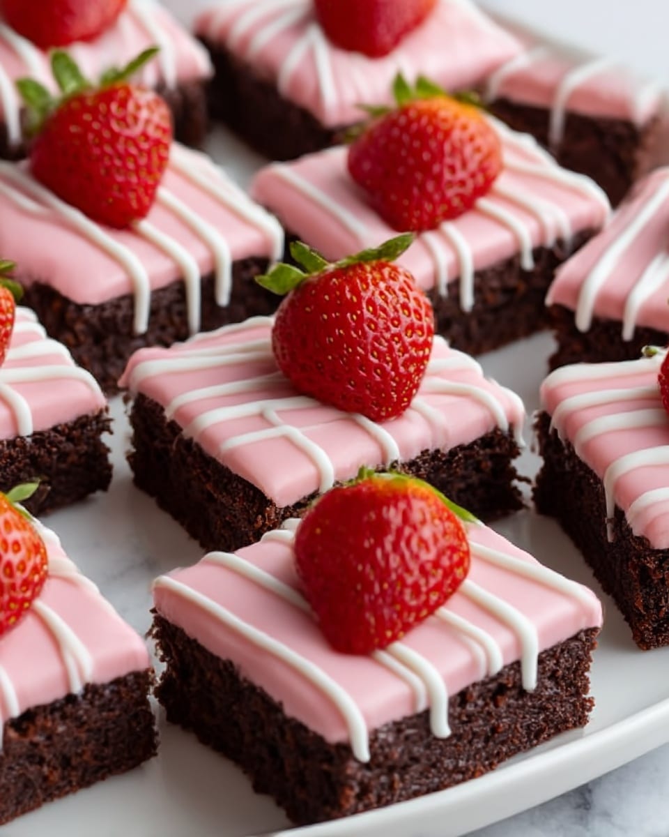 The image shows several square chocolate brownies arranged neatly on a white plate, each topped with a smooth pink icing layer that looks creamy and thick. Each brownie is decorated with thin white icing lines drizzled over the pink topping. On top of every brownie, there is a fresh, whole bright red strawberry with green leaves, placed at the center. The brownies have a moist, dense texture with a dark brown color that contrasts with the light pink icing and the vibrant strawberries. The background is a white marbled surface. photo taken with an iphone --ar 4:5 --v 7