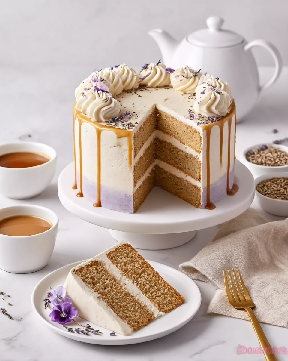 A three-layer cake sits on a white cake stand on a white marbled surface. Each sponge layer is light brown and separated by smooth off-white cream layers. The outside frosting is a creamy white with a subtle lavender tint near the base, with caramel sauce dripping lightly down the sides. The top edge of the cake is decorated with swirls of white cream, sprinkled with small purple flowers and tiny seeds. A single slice is cut and placed on a white plate in front, showing the layered structure clearly, also decorated with cream and purple flowers. Nearby are a white teapot, a white cup filled with light brown coffee, and a small white bowl with seeds. A beige cloth and a gold fork lie on the right side on the white marbled surface. Photo taken with an iphone --ar 4:5 --v 7