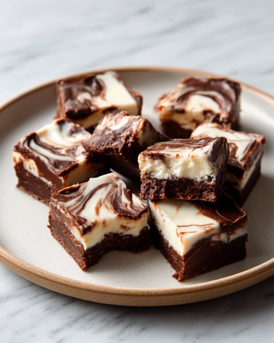 A round white plate holds six square pieces of chocolate fudge with a creamy white swirl on top. Each piece shows a dark brown chocolate layer mixed with smooth white swirls, giving a marbled effect on the surface. The fudge looks rich and dense with some pieces showing a bite taken out, revealing their soft inside. The plate rests on a white marbled texture. photo taken with an iphone --ar 4:5 --v 7