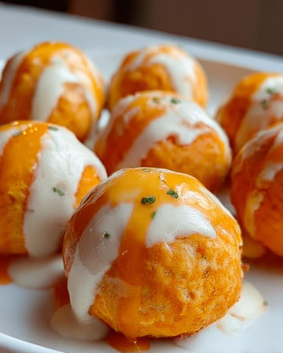 The image shows a close-up of several round, bite-sized balls placed closely together on a white plate. Each ball has a golden-orange base with a slightly rough texture, covered by two different sauces. A creamy white sauce is draped over the top and drips down the sides, while a thicker orange sauce is layered on top, creating a shiny and smooth finish. Small green herb pieces are lightly sprinkled on some of the balls, adding a touch of color contrast. The background has a soft, out-of-focus look, emphasizing the food in the foreground. photo taken with an iphone --ar 4:5 --v 7