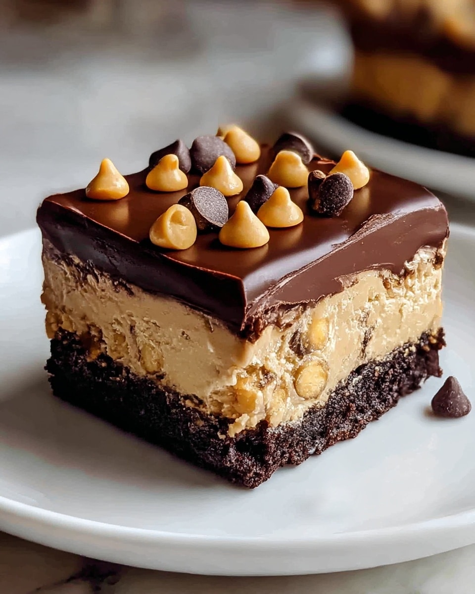 A close-up view of a square dessert piece on a white plate, showing three distinct layers: a bottom dark chocolate crumbly base, a middle creamy light brown peanut butter layer with bits of chocolate chips inside, and a top glossy dark chocolate ganache layer. The top is decorated with scattered yellowish peanut butter chips and dark chocolate chips. The dessert is set on a white marbled texture surface, with soft natural light highlighting the smooth and rich textures. Photo taken with an iphone --ar 4:5 --v 7