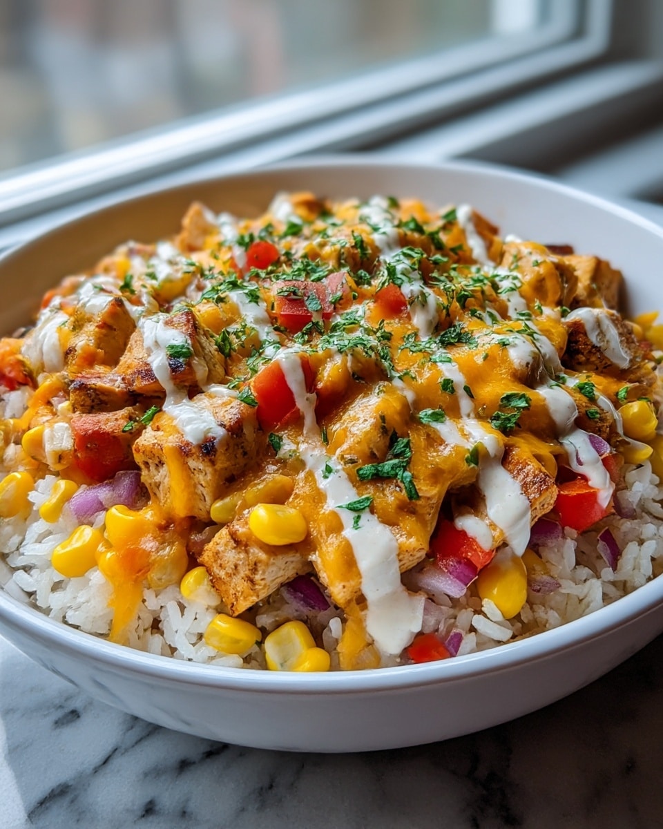 A close-up of a white bowl filled with a layered dish starting at the bottom with white rice, topped with grilled chicken pieces that are slightly browned with grill marks. Scattered around the chicken are bright yellow corn kernels, small red diced tomatoes, and bits of red onion. The dish is covered with melted orange-yellow cheddar cheese and drizzled with a creamy white sauce. Fresh green chopped herbs are sprinkled on top for color and freshness. The bowl sits on a white marbled surface near a softly blurred window background. photo taken with an iphone --ar 4:5 --v 7