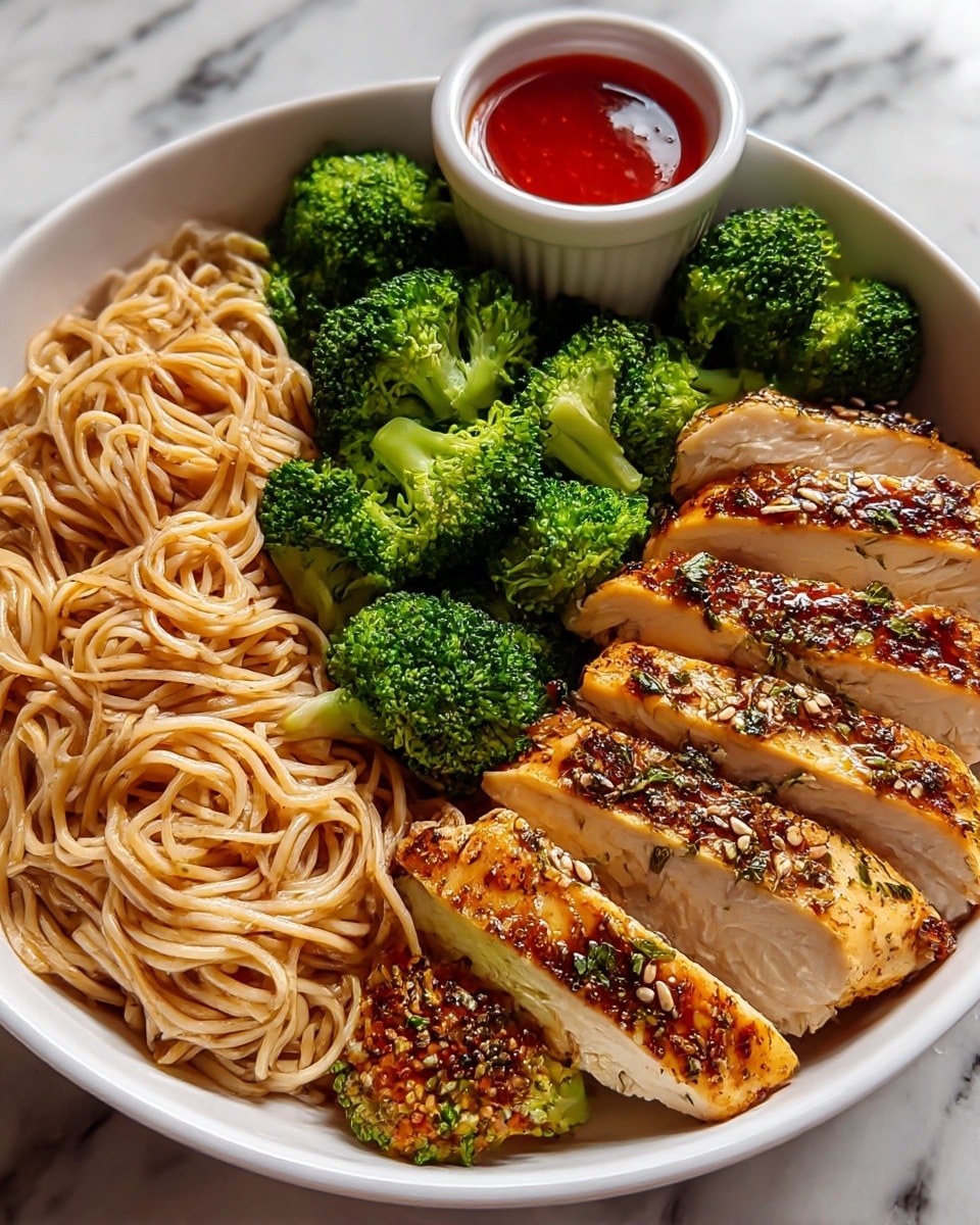 In a white bowl, there are three main layers: on the left, a pile of light brown noodles with a slightly glossy texture; in the middle, bright green steamed broccoli florets showing tiny water droplets; and on the right, thick slices of grilled chicken breast with a golden brown and slightly charred surface, sprinkled with sesame seeds and herbs. At the back inside the bowl, a small white cup holds a smooth, bright red sauce. The bowl sits on a white marbled surface. photo taken with an iphone --ar 4:5 --v 7