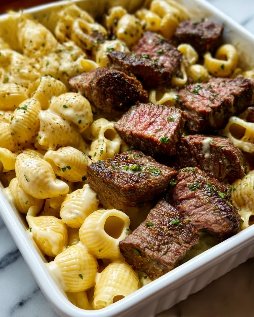 The image shows a close-up of a white rectangular dish filled with creamy pasta and grilled steak pieces. The pasta is shell-shaped, light yellow, and coated in a smooth, cheesy sauce. Next to the pasta, there are several thick, juicy steak chunks with a dark brown, slightly charred outside and a tender pinkish center, sprinkled with green herbs. The dish is placed on a white marbled surface. Photo taken with an iphone --ar 4:5 --v 7