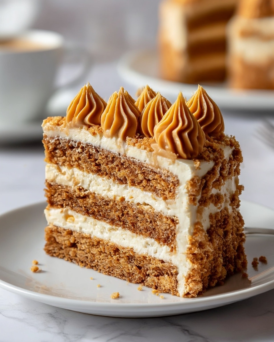 A slice of layered cake with three main layers: two thick, crumbly brown cake layers separated by two smooth, creamy white frosting layers, topped with several dollops of caramel-colored frosting piped in a ridged texture, sprinkled with crumbly cake bits. The slice sits on a white plate on a white marbled surface with a blurred white cup and more cake in the background. Photo taken with an iphone --ar 4:5 --v 7