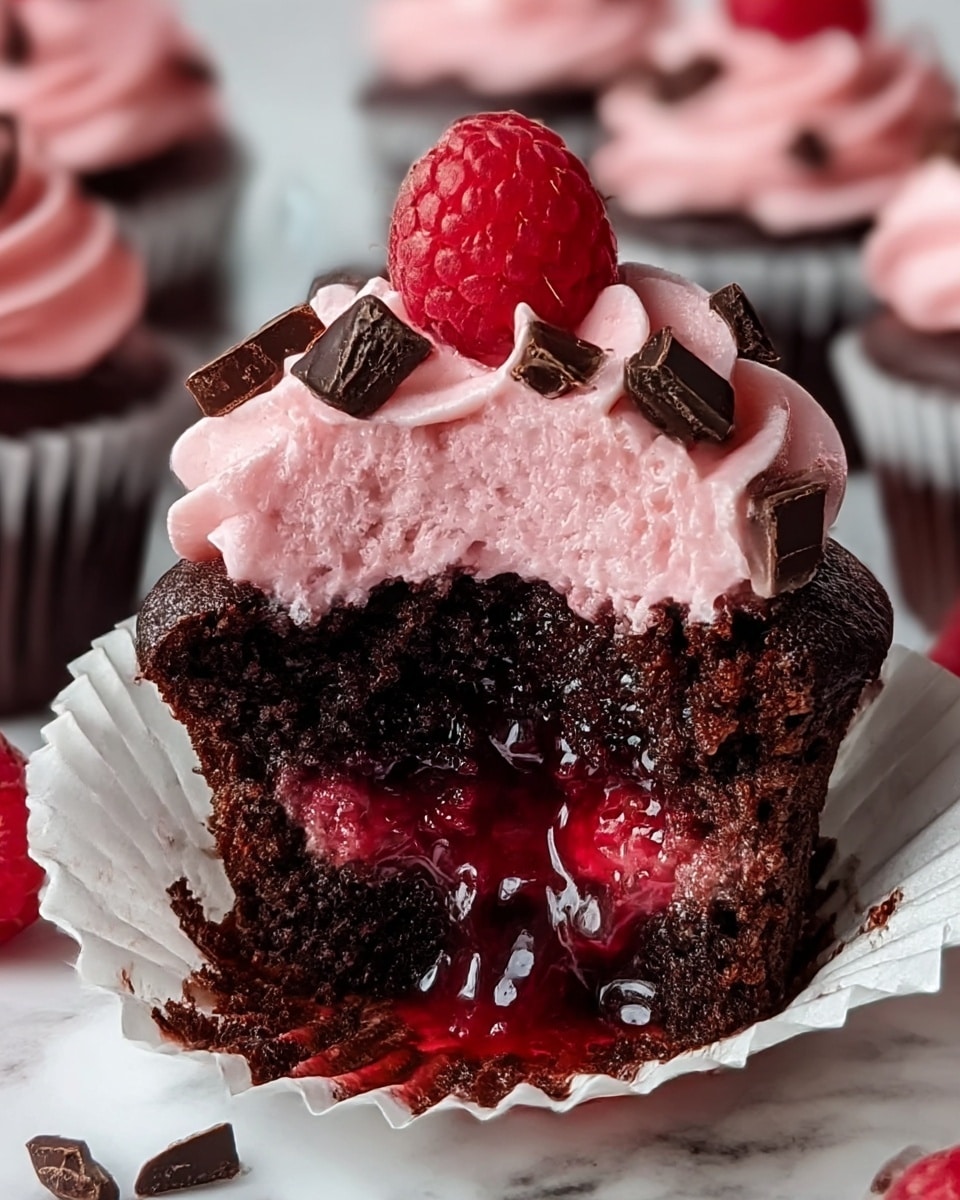 A chocolate cupcake in a white paper liner with three visible layers: the bottom layer is dark moist chocolate cake, the middle is a glossy deep red raspberry filling oozing out, and the top layer is light pink soft frosting piped in swirls. On top of the frosting is a single fresh red raspberry and small pieces of dark chocolate scattered around and on the frosting. The cupcake is placed on a white marbled surface with parts of other similar cupcakes blurred in the background. photo taken with an iphone --ar 4:5 --v 7