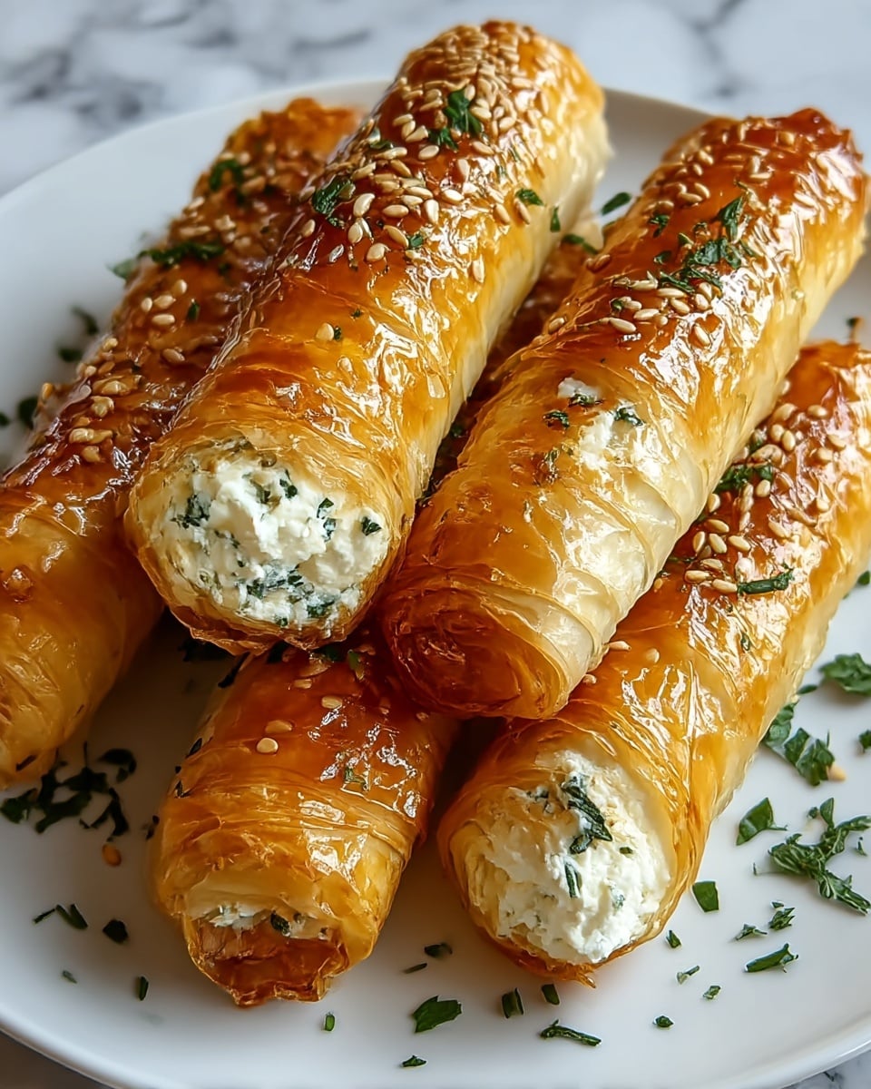 The image shows five golden brown, crispy rolled pastries on a white plate, each with thin, flaky layers of pastry wrapped around a white creamy filling speckled with green herbs. The top layer of the pastries has a shiny glaze sprinkled with toasted sesame seeds and small green herb pieces, adding texture and color. The pastries are arranged closely together, with some green herbs scattered loosely on the plate for garnish, all set against a white marbled surface. photo taken with an iphone --ar 4:5 --v 7