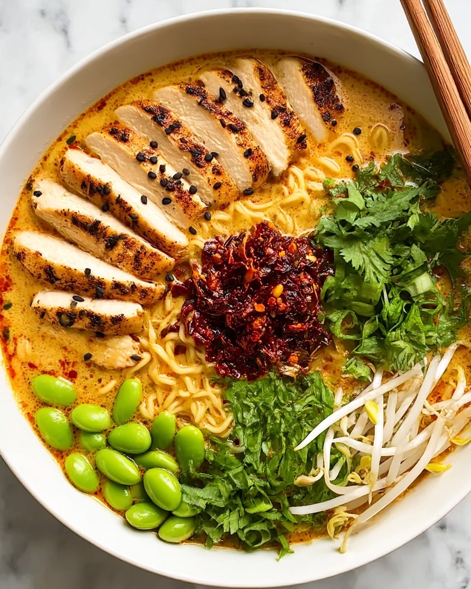 A bowl of creamy orange broth holds a bed of curly yellow ramen noodles at the bottom, topped with a row of evenly sliced golden brown grilled chicken breast on the left side, each piece sprinkled with black sesame seeds. In the middle sits a mound of dark red chili paste with visible chili flakes, next to bright green sliced scallions and leafy cilantro on the right, along with white and green bean sprouts. At the bottom left, a cluster of shiny green edamame beans add fresh color to the dish. The bowl is white, resting on a white marbled surface, with bamboo chopsticks placed on the upper right edge of the bowl. photo taken with an iphone --ar 4:5 --v 7