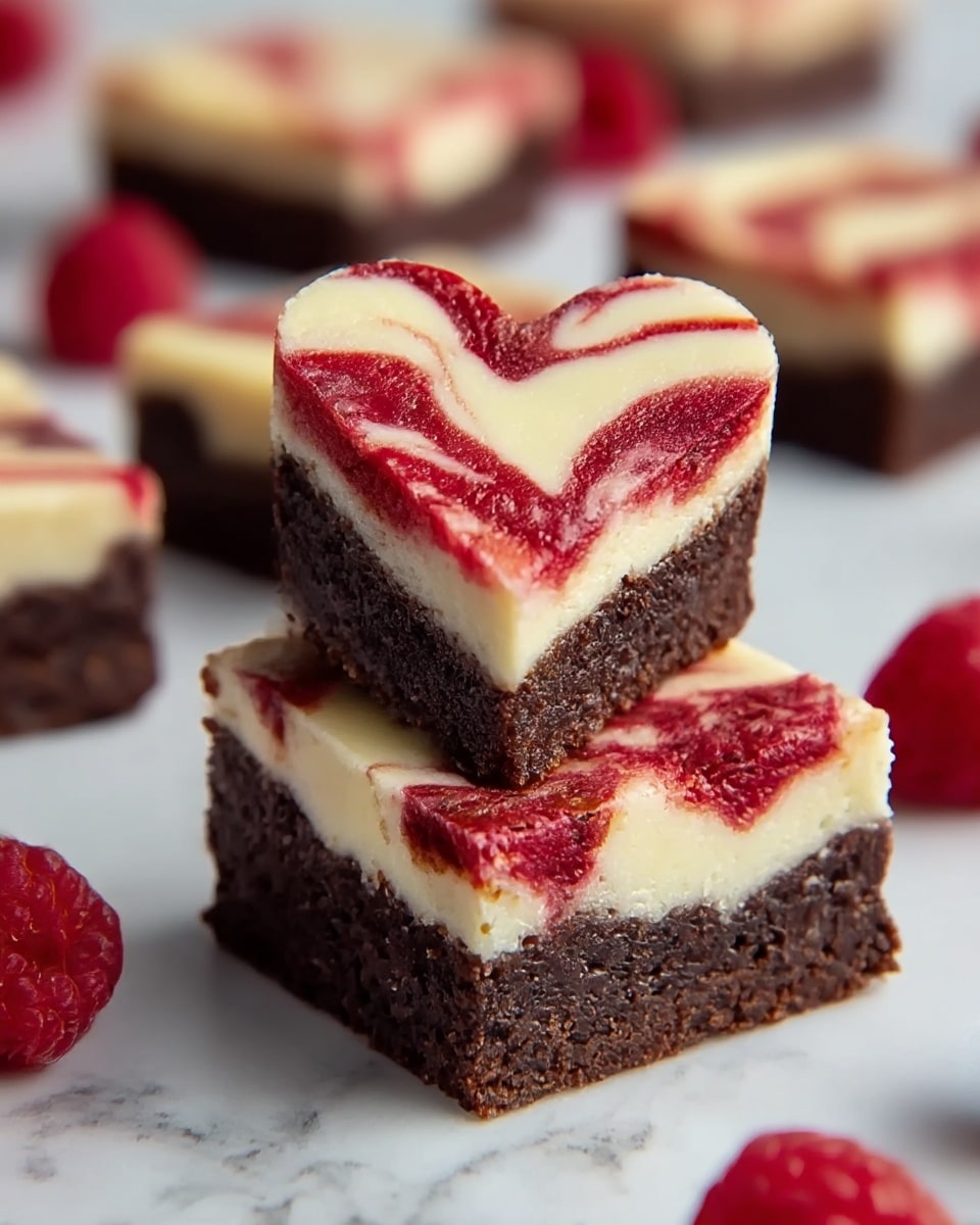 Two thick layers form these desserts: the bottom layer is a rich, dark brown brownie with a dense, moist texture, while the top layer is a creamy white cheesecake swirled with bright red raspberry, creating a marbled effect. One brownie piece is cut into a heart shape and placed on top of a square brownie, both with the same two layers visible. In the background, more similar brownies and scattered raspberries sit on a surface with a white marbled texture. photo taken with an iphone --ar 4:5 --v 7