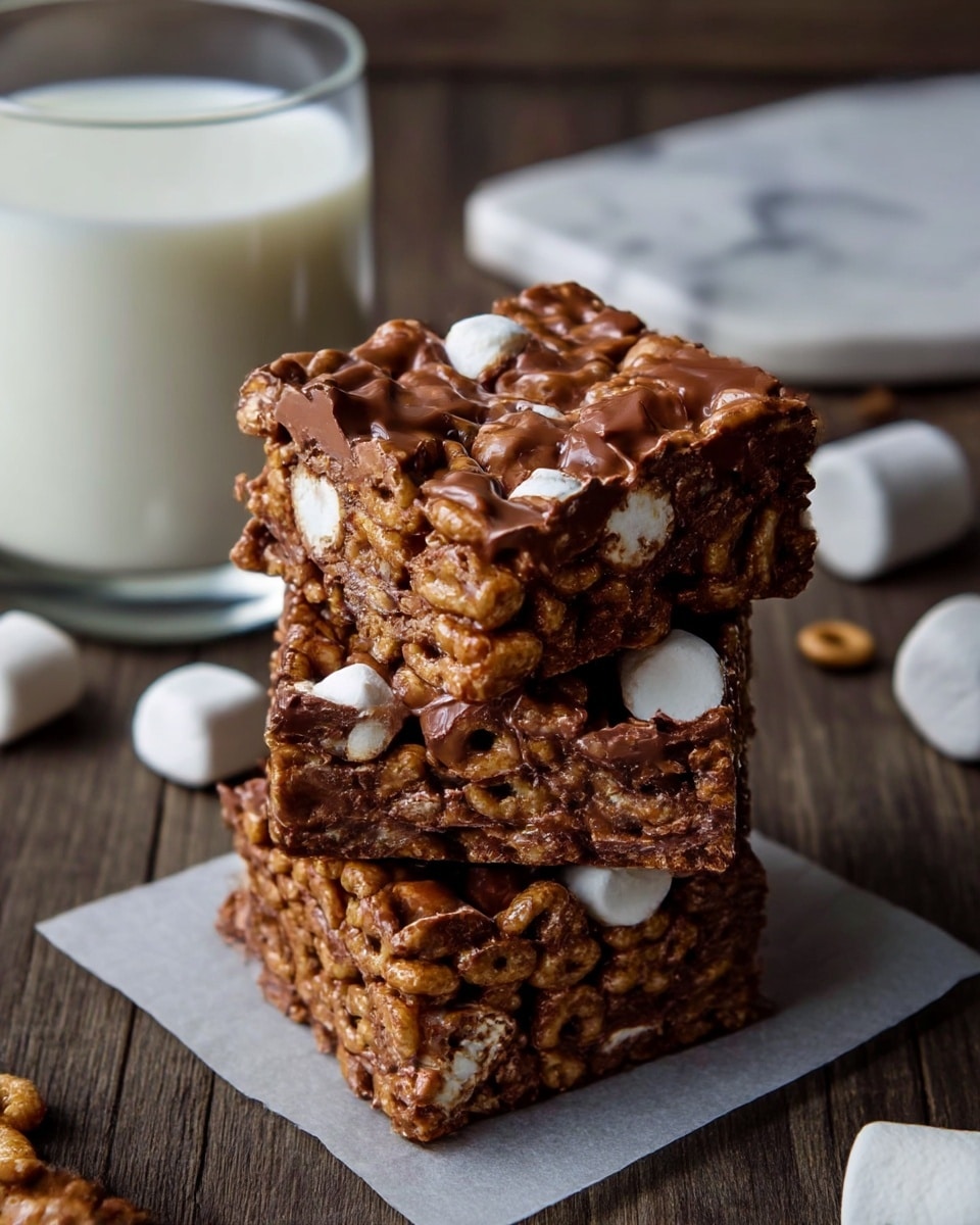 The image shows a stack of three thick squares of chocolatey cereal bars. Each square is made of a mix of crunchy light brown cereal pieces covered with glossy milk chocolate and small white marshmallows scattered throughout. The squares look moist and chewy with a rough texture on top from the cereal and marshmallows. The stack is placed on a square piece of parchment paper on a dark wooden surface. In the background, there is a clear glass filled with white milk and a white marbled surface. A few marshmallows and cereal pieces are scattered around. photo taken with an iphone --ar 4:5 --v 7