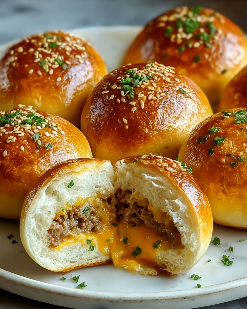 Five round baked buns are arranged on a white plate with a white marbled texture surface. Each bun has a golden-brown shiny crust topped with sesame seeds and small green herb pieces. The front bun is bitten into, showing three layers inside: the fluffy white dough outer layer, a middle layer of melted orange cheese, and a core of seasoned cooked ground meat with a brown color. More green herb pieces are sprinkled inside and on the buns. photo taken with an iphone --ar 4:5 --v 7
