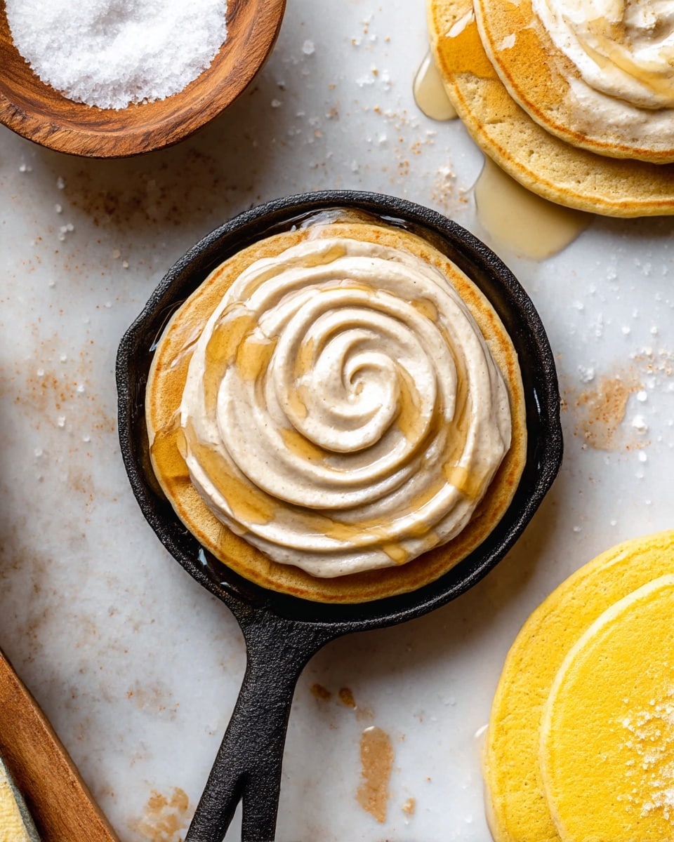 A single pancake sits in a small black cast iron skillet at the center, topped with a thick, creamy swirl of light tan frosting that has a smooth texture. A golden syrup is drizzled over the frosting, creating shiny, translucent layers with some pooling on the side of the skillet. Near the skillet is a small wooden bowl filled with coarse white salt flakes. The surface beneath everything is a white marbled texture, scattered with some crumbs and salt flakes. Part of another pancake with similar frosting and syrup is partially visible on the right, and a plain yellow pancake lies at the bottom right corner. Photo taken with an iphone --ar 4:5 --v 7