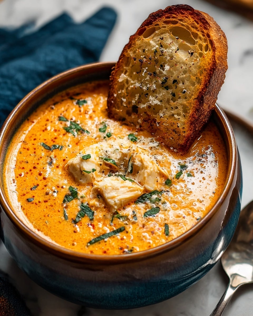 A close-up view of a bowl filled with creamy orange-colored soup topped with chunks of chicken and sprinkled with finely chopped green herbs and grated cheese, the soup has an oily shine and a textured surface with specks of black pepper. A slice of toasted bread with a golden-brown crust is placed inside the bowl, resting on the soup on the right side. The bowl itself has a smooth gradient glaze with shades of brown and blue, set on a white marbled surface. A silver spoon and a dark blue cloth napkin are partially visible near the bowl. photo taken with an iphone --ar 4:5 --v 7