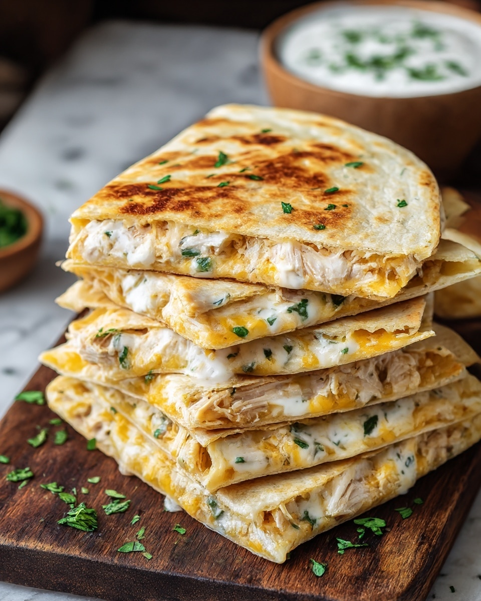 A stack of five golden-brown quesadilla slices is arranged unevenly on a dark wooden board, each slice showing visible layers filled with melted white and yellow cheese, shredded chicken, and finely chopped green herbs. The top quesadilla slice has a crispy toasted surface with some darker brown spots. Between the warm, slightly crisp tortilla layers, there is a mixture of gooey cheese and tender chicken, with some white creamy sauce dotted with herbs peeking out. Small chopped herbs are sprinkled around the stack and on the quesadillas themselves. In the background, slightly blurred, there is a white bowl filled with a white creamy sauce garnished with herbs. The whole scene is set on a white marbled surface. photo taken with an iphone --ar 4:5 --v 7