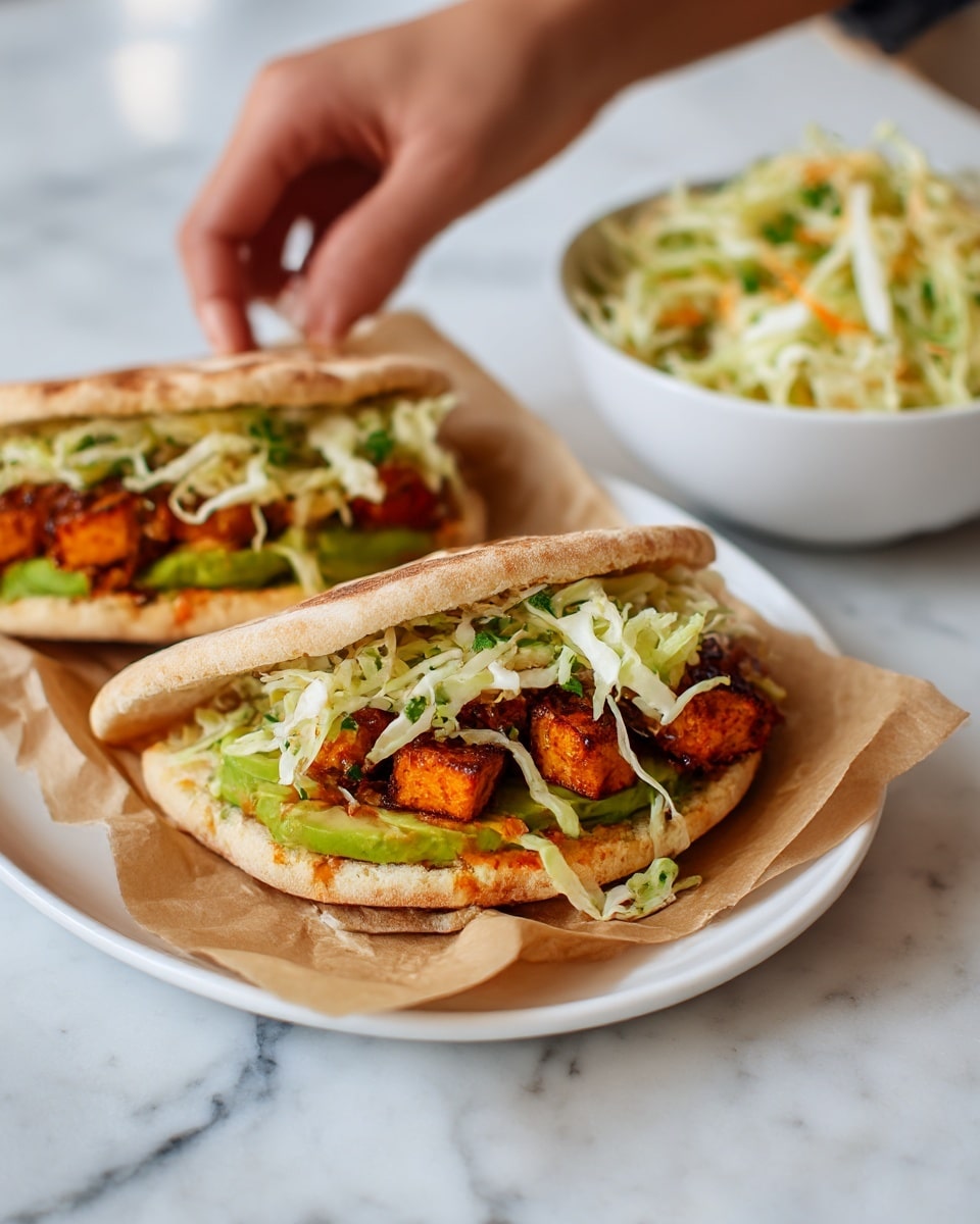 The image shows two sandwiches on a white plate lined with brown paper, placed on a white marbled surface. Each sandwich has a light brown, toasted pita bread as the outer layer. Inside, there is a layer of crispy, green avocado slices, topped with dark orange, saucy pieces of tofu or chicken. Above this, there is a generous layer of shredded white cabbage salad with green herbs mixed in. To the side, there is a white bowl filled with more shredded cabbage salad. A woman's hand is reaching toward the top sandwich. Photo taken with an iphone --ar 4:5 --v 7