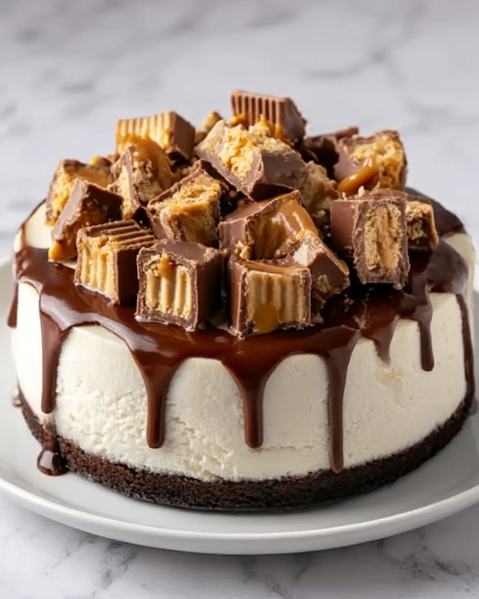 A cheesecake with a smooth, creamy white layer on top sitting on a dark brown crust base. There is thick, shiny chocolate sauce dripping down the edges of the cheesecake. On top, many chunks of peanut butter chocolate candy pieces are placed evenly, showing layers of chocolate, peanut butter, and wafer inside each piece. The cheesecake is served on a white plate, and the background is a white marbled texture. Photo taken with an iphone --ar 4:5 --v 7
