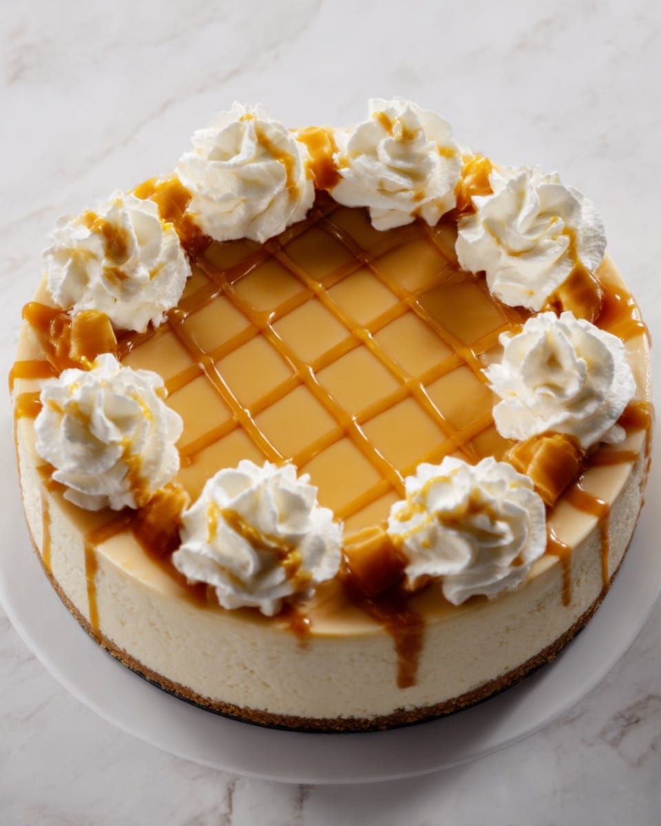 A round cheesecake with a smooth, light caramel-colored top layer is shown from above. The cheesecake has a thick, off-white crust at the bottom. Around the edge of the cheesecake, there are eight large swirls of white whipped cream evenly spaced, each topped lightly with a drizzle of caramel sauce. The caramel sauce also forms thin diagonal lines across the middle of the caramel top layer. The cheesecake is sitting on a white plate on a white marbled surface. photo taken with an iphone --ar 4:5 --v 7