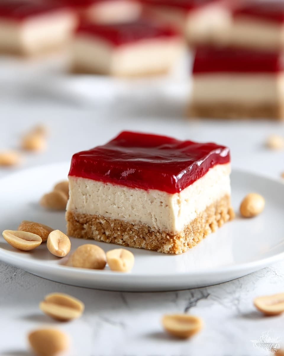 A square slice of dessert is shown on a white plate placed on a white marbled surface. The dessert has three layers: the bottom layer is a crumbly light brown crust, the middle layer is a thick, creamy beige filling, and the top layer is a smooth, glossy bright red jelly. Around the plate, there are scattered whole and halved light brown peanuts. In the background, blurred similar dessert squares are visible. photo taken with an iphone --ar 4:5 --v 7