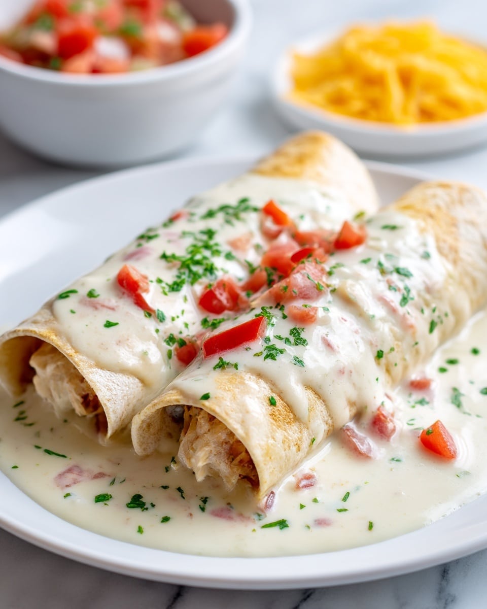 Two rolled tortillas filled with shredded chicken and diced tomatoes are placed side by side on a white plate. The tortillas are covered with a thick creamy white sauce that has visible small pieces of red tomatoes and is sprinkled with finely chopped green herbs. The sauce pools slightly around the tortillas, creating a glossy texture that contrasts with the soft, lightly browned tortilla edges. In the background, there is a blurred white bowl with diced tomato salsa and shredded yellow cheese on a white marbled surface. Photo taken with an iphone --ar 4:5 --v 7