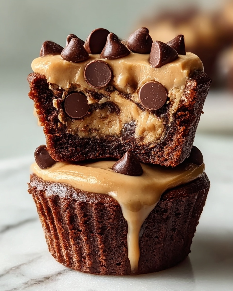 The image shows a close-up of two small desserts stacked on each other with a white marbled texture underneath. The bottom dessert is a dense, dark brown chocolate cupcake with a smooth layer of light brown peanut butter frosting spreading slightly over its edge, topped with a few glossy dark chocolate chips. The top dessert is a half piece resting on the bottom one, revealing a rich three-layer inside: the base is dark chocolate, followed by a swirled layer of peanut butter and chocolate mixed smoothly, and topped with thick chocolate chips embedded in the peanut butter layer. The peanut butter appears creamy and sticky, dripping slightly down the bottom cupcake. Photo taken with an iphone --ar 4:5 --v 7