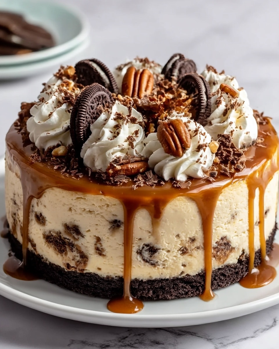 A round cheesecake on a white plate on a white marbled surface, showing three clear layers: a dark, crumbly cookie crust at the bottom; a thick middle layer of creamy, light beige cheesecake with visible chocolate cookie chunks; and a shiny, smooth caramel sauce generously dripping down the sides. The top is decorated with swirls of white whipped cream, sprinkled with grated chocolate, topped with halved pecans and broken Oreo cookies placed in the center. Photo taken with an iphone --ar 4:5 --v 7