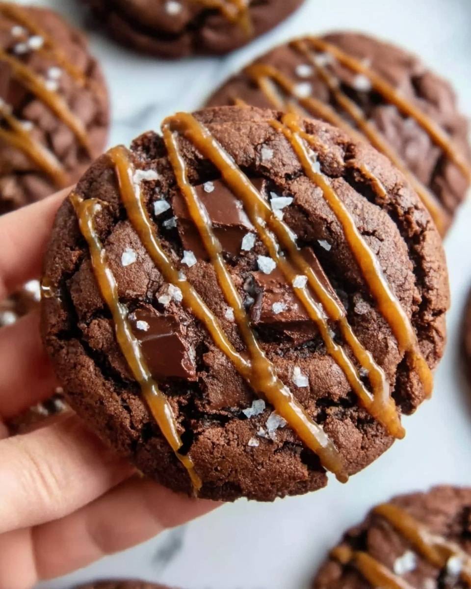 A close-up view of a thick, round chocolate cookie held by a woman's hand, showing its cracked, rough texture. The cookie is dark brown with large melted chocolate chunks embedded on the surface. It is topped with several thin drizzles of caramel sauce that create shiny, golden lines across the cookie, and sprinkled lightly with coarse sea salt crystals that add small white spots. The background shows blurred white marbled texture and parts of similar cookies lying flat on a white surface. Photo taken with an iphone --ar 4:5 --v 7
