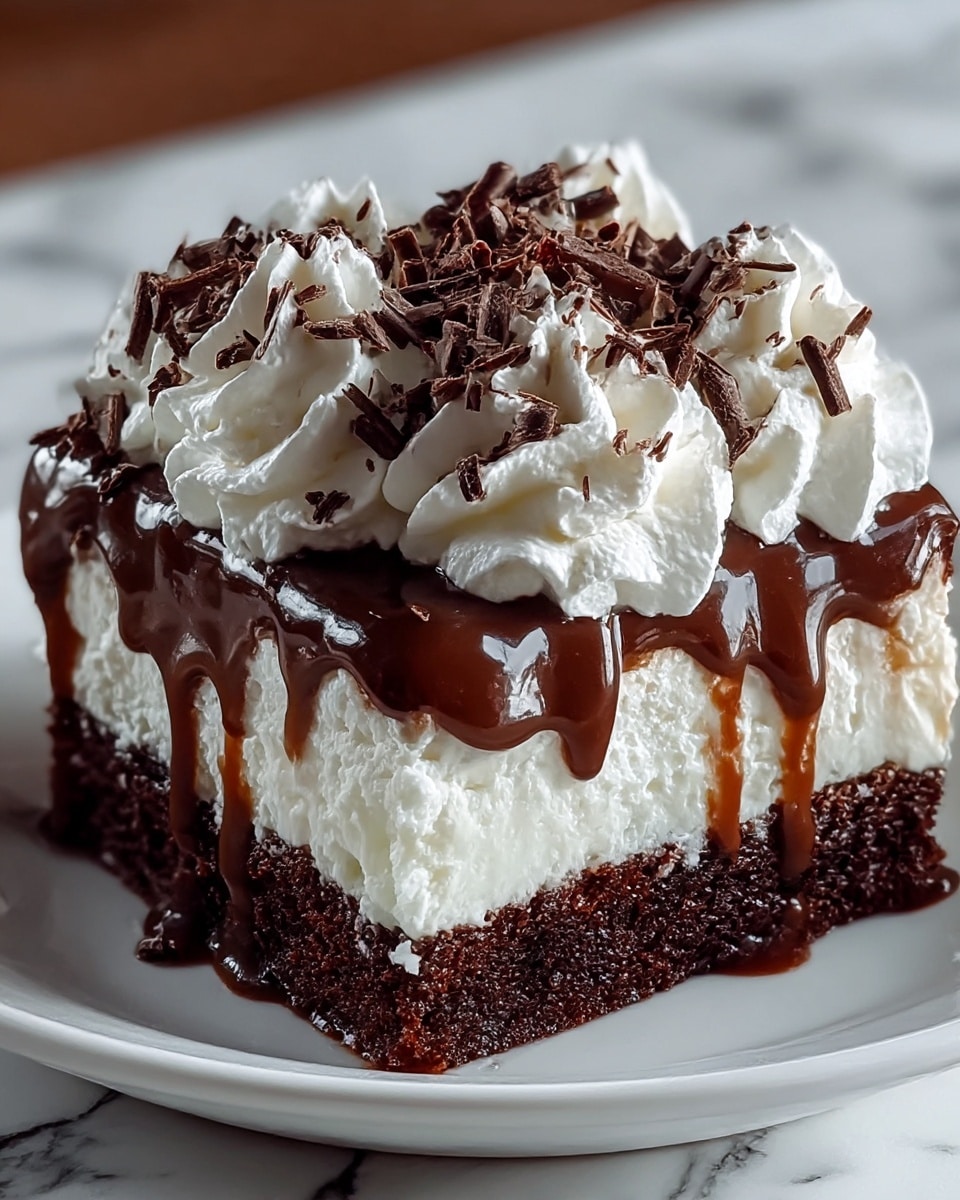 A square dessert sits on a white plate with a white marbled surface underneath. The dessert has three main layers: the bottom layer is dark brown and looks like moist chocolate cake; the middle is thick, smooth white cream; the top layer is thick, glossy chocolate sauce that drips slightly over the sides. On top, there are large swirls of fluffy white whipped cream, sprinkled generously with dark chocolate shavings. The overall look is rich and creamy with a mix of soft and textured elements. photo taken with an iphone --ar 4:5 --v 7