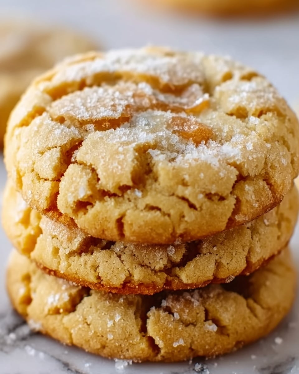 The image shows a close-up of a stack of three thick, cracked, golden brown cookies with a slightly rough texture. Each cookie has a soft, chewy look with visible cracks and a light dusting of powdered sugar or flour on top. The cookies have a warm color with edges that look a little crispy. The background is a white marbled surface. Photo taken with an iphone --ar 4:5 --v 7