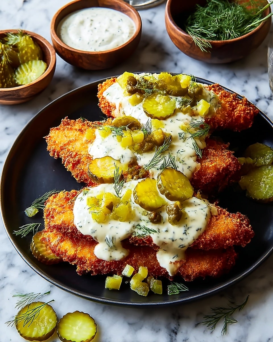A black plate on a white marbled surface holds three large pieces of golden-brown crispy fried fish, stacked slightly overlapping. Each piece is topped with a thick layer of white creamy sauce with green dill flecks. On top of the sauce are several thin, round green pickle slices and small green pickle bits, garnished with sprigs of fresh dill. Around the fish on the plate, a few pickle slices and dill sprigs are scattered. In the background, there are wooden bowls holding more dill and pickles, and a small white bowl with more of the creamy sauce. photo taken with an iphone --ar 4:5 --v 7