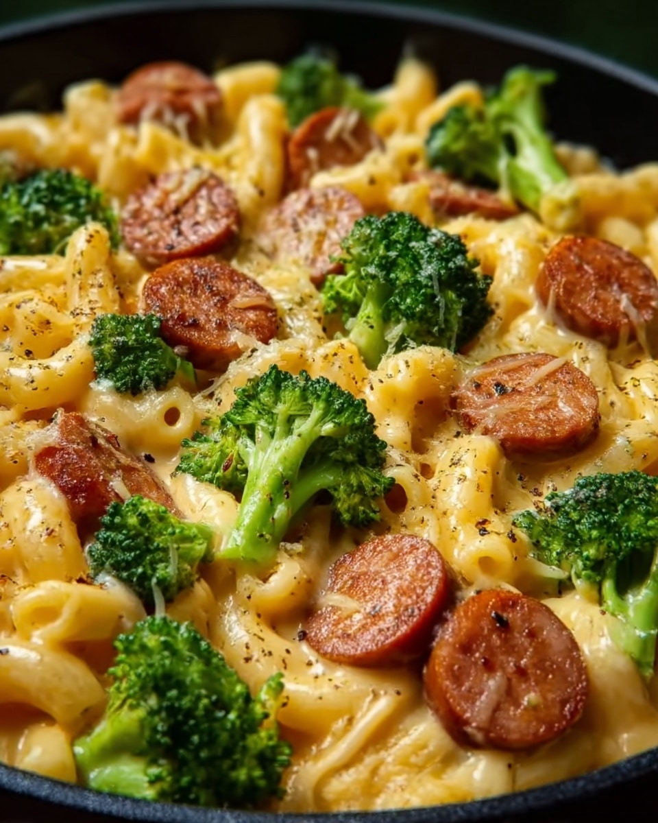 The dish shows a black pan filled with creamy macaroni and cheese mixed with bright green broccoli florets and round slices of cooked sausage. The pasta is covered in a smooth, golden cheese sauce that looks soft and gooey, with small black pepper pieces sprinkled on top. The broccoli pieces are fresh and vibrant, adding a pop of green color amid the rich yellow cheese and browned sausage slices. The sausages are evenly spread across the dish, with a slightly crispy-looking texture. photo taken with an iphone --ar 4:5 --v 7