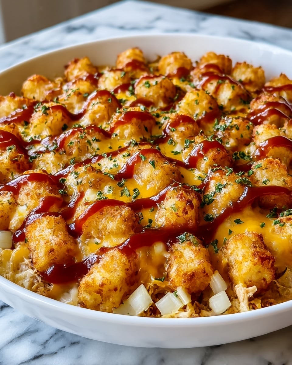 A white shallow bowl filled with a layered tater tot dish, showing three visible layers. The bottom layer is shredded cooked chicken mixed with small diced white onions, covered by a middle layer of melted cheese in shades of yellow and white. The top layer consists of golden-brown crispy tater tots arranged closely together, each topped with a drizzle of reddish-brown barbecue sauce and sprinkled with finely chopped green herbs. The bowl is set on a white marbled surface. Photo taken with an iphone --ar 4:5 --v 7
