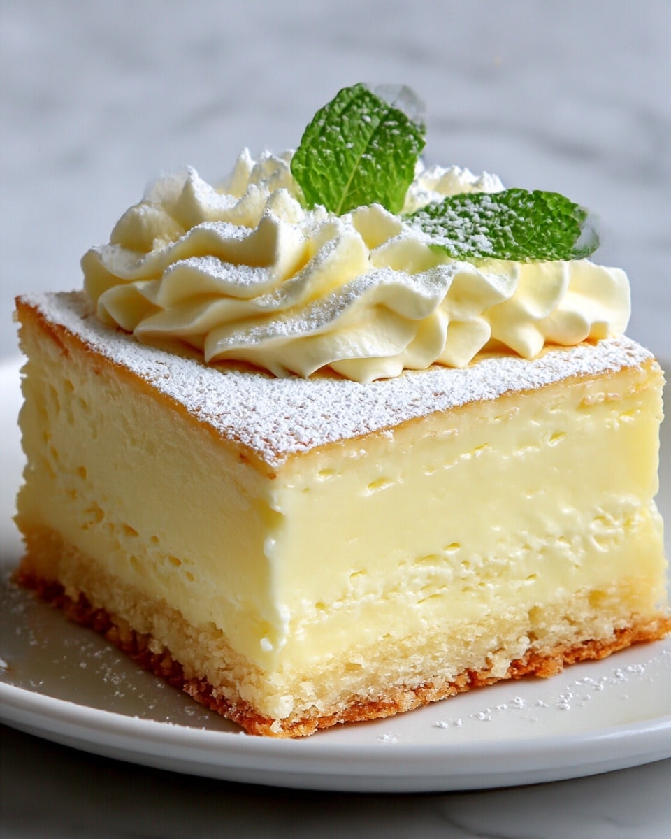 A square-shaped creamy dessert with three distinct layers sits on a white plate against a white marbled surface. The bottom layer is a light golden-brown crust with a crumbly texture. The middle layer is thick, smooth, and pale yellow custard filling, providing firmness. The top layer consists of a fluffy, soft yellow cream with delicate swirls and folds, dusted with a fine layer of white powdered sugar. A fresh green mint leaf is placed on top, adding a touch of color contrast and freshness. Photo taken with an iphone --ar 4:5 --v 7