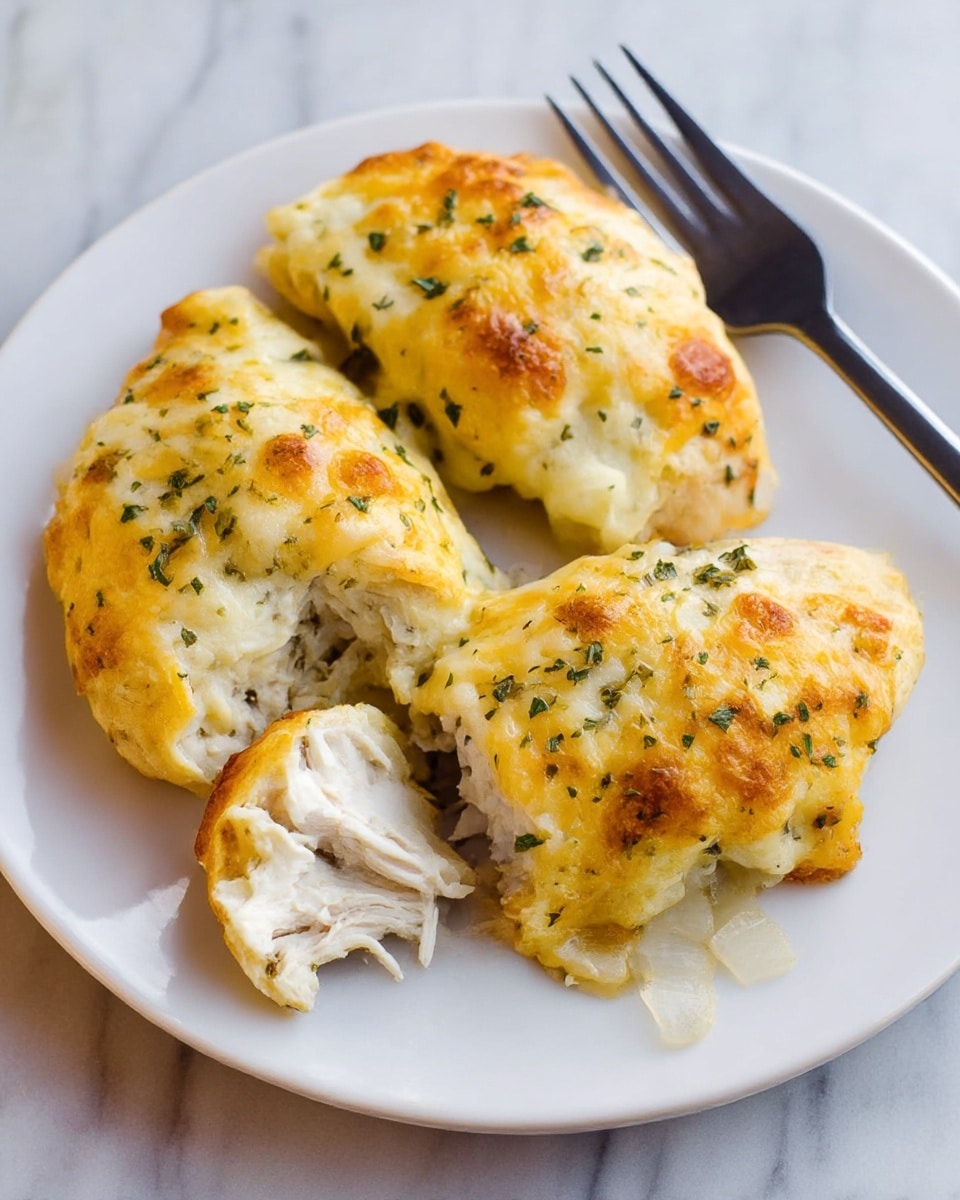 On a white plate set on a white marbled surface, there are three pieces of baked chicken covered with golden, melted cheese layered thickly on top. The cheese topping has a slightly crispy texture with browned spots and is sprinkled with small green herb flakes. Underneath the cheese, the chicken is white and juicy, with one piece showing tender chicken meat pulling apart slightly. There are also bits of diced onion visible under the cheese on one piece. A silver fork rests on the edge of the plate at the top right corner. photo taken with an iphone --ar 4:5 --v 7
