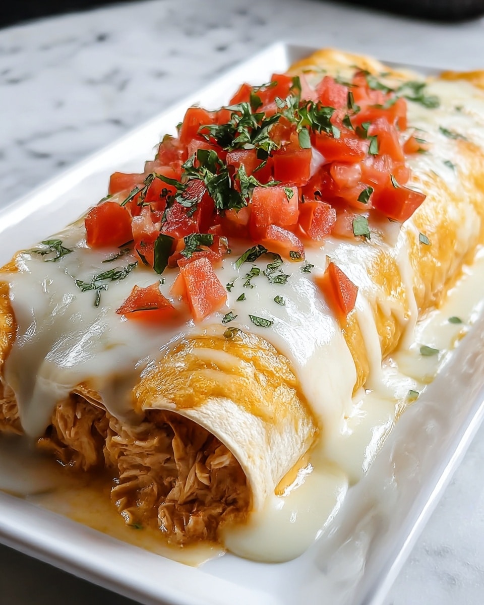 The image shows a thick layered enchilada placed on a white rectangular plate. The bottom layer is a soft tortilla wrap filled with cooked pieces of chicken mixed with cheese. Over the tortilla, there is a thick and smooth layer of melted white cheese that drapes over the sides, creating a slightly gooey texture. On top of the melted cheese, there are finely chopped bright red tomatoes and green cilantro leaves sprinkled evenly, adding a fresh and colorful contrast to the creamy white cheese and light golden tortilla. The plate rests on a white marbled surface. photo taken with an iphone --ar 4:5 --v 7