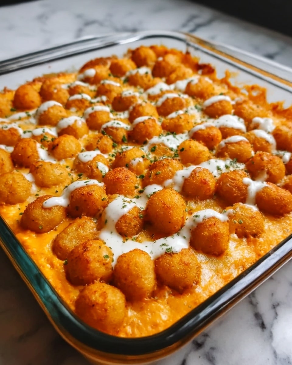 The image shows a clear square glass dish filled with a layered baked dish. The bottom layer is smooth, creamy, and orange in color, likely a sauce or mashed ingredient. On top, there is a thick layer of small, round, golden-brown potato balls evenly spread across the dish, showing a slightly crispy texture. Drizzled over the top layer is a white, creamy sauce scattered in small dollops, along with a sprinkle of green herbs for color contrast. The dish sits on a white marbled surface. Photo taken with an iphone --ar 4:5 --v 7