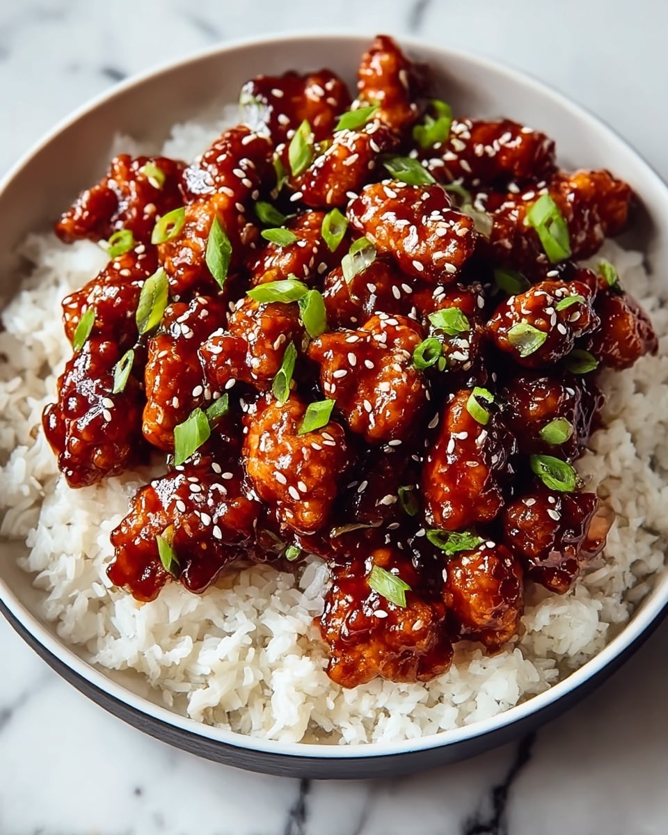 A bowl of white rice at the bottom forms the first layer with its soft, fluffy texture and small, separate grains. On top lies a generous layer of crispy, golden-brown chicken pieces coated in a shiny, dark reddish-brown sticky sauce that gives a glossy look. Small white sesame seeds and chopped bright green onion slices are scattered evenly over the chicken, adding color contrast and texture. The bowl itself is white, set on a white marbled surface, giving the dish a clean and fresh appearance. photo taken with an iphone --ar 4:5 --v 7