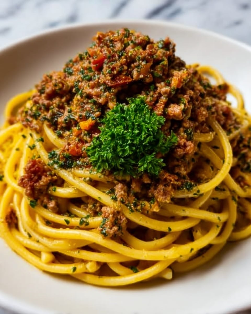 The image shows a plate of pasta with thick yellow noodles arranged in a loose pile on a white plate. On top of the noodles, there is a generous layer of minced cooked meat mixed with finely chopped herbs and small tomato pieces, giving a textured, slightly chunky look in reddish-brown colors. The dish is garnished with a small bunch of fresh green parsley placed right in the center. The background is a white marbled surface. Photo taken with an iphone --ar 4:5 --v 7