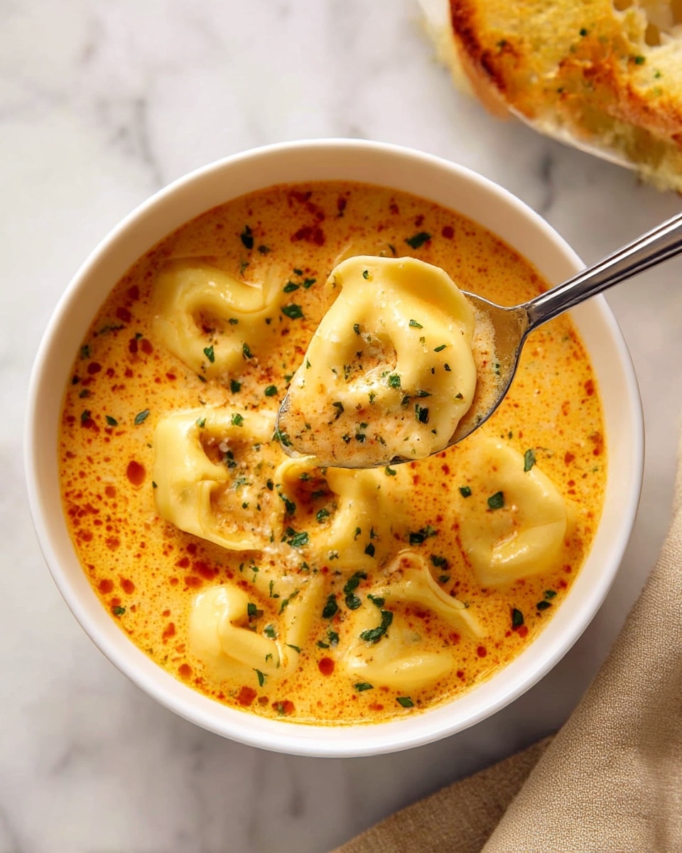 A white bowl filled with creamy orange soup, with about six round tortellini floating on top, each tortellini pale yellow and smooth with some texture from the pasta folds. The soup has a rich, slightly oily surface with reddish spots and small green parsley pieces sprinkled evenly throughout. A silver spoon dips into the bowl, lifting one tortellini that shows some grated cheese and herbs on it. The bowl sits on a white marbled surface, with a piece of golden toasted bread and a beige cloth napkin next to it. photo taken with an iphone --ar 4:5 --v 7