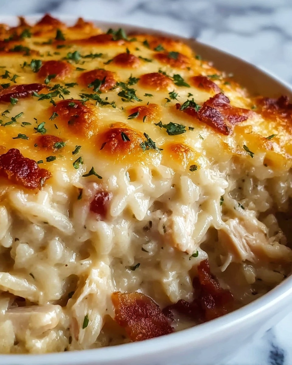 A close-up view of a creamy baked rice dish in a white bowl, showing a top layer of golden-brown melted cheese with small browned spots and sprinkled with green herbs. Below the cheese is a thick, light beige mixture of cooked rice grains and small pieces of tender chicken, scattered with bits of crispy reddish-brown bacon. The creamy texture looks rich and smooth, with the rice and chicken layers clearly visible under the cheesy top. The background features a white marbled surface. Photo taken with an iphone --ar 4:5 --v 7